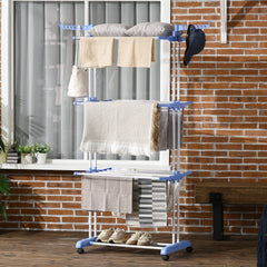 HOMCOM Foldable Clothes Drying Rack, 4-Tier Steel Garment Laundry Rack with Castors for Indoor and Outdoor Use, Blue