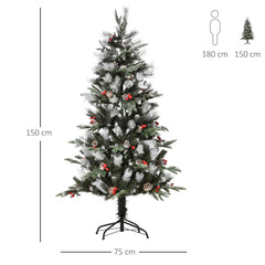 HOMCOM 5FT Artificial Snow Dipped Christmas Tree Xmas Pencil Tree Holiday Home Party Decoration with Foldable Feet Red Berries White Pinecones, Green