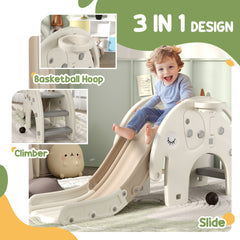 AIYAPLAY 3 in 1 Toddler Slide with Basketball Hoop, Climber, Elephant-Themed, for 1-3 Years, Cream White