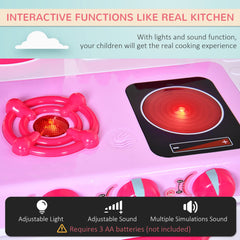 HOMCOM 38 Pcs Kids Children Kitchen Play Set w/ Realistic Sounds Lights Food Utensils Pots Pans Appliances Toy Game Pink