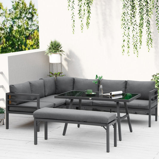 Outsunny√Ç 4√Ç Piece√Ç L-shaped Garden Furniture Set 8-Seater Aluminium Outdoor Dining Set Conversation Sofa Set w/ Bench, Dining Table & Cushions,√Ç Grey