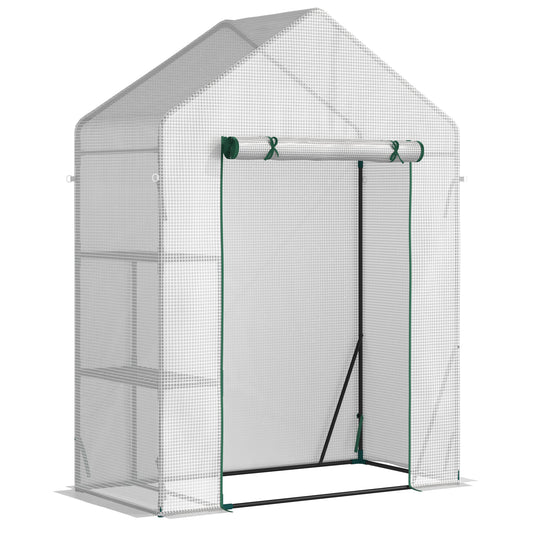 Outsunny Walk In Greenhouse with 2 Tier Shelf, Portable Gardening Plant Grow House with Roll up Zip Panel Door, Reinforced PE Cover, 143 x 73 x 195cm, Green