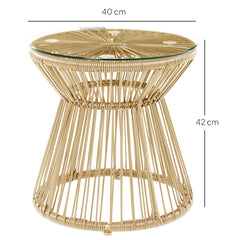 Outsunny Round End Table, Rattan Side Table, Hollow Drum Design Coffee Table w/ Glass Tabletop for Patio, Garden, Balcony Natural