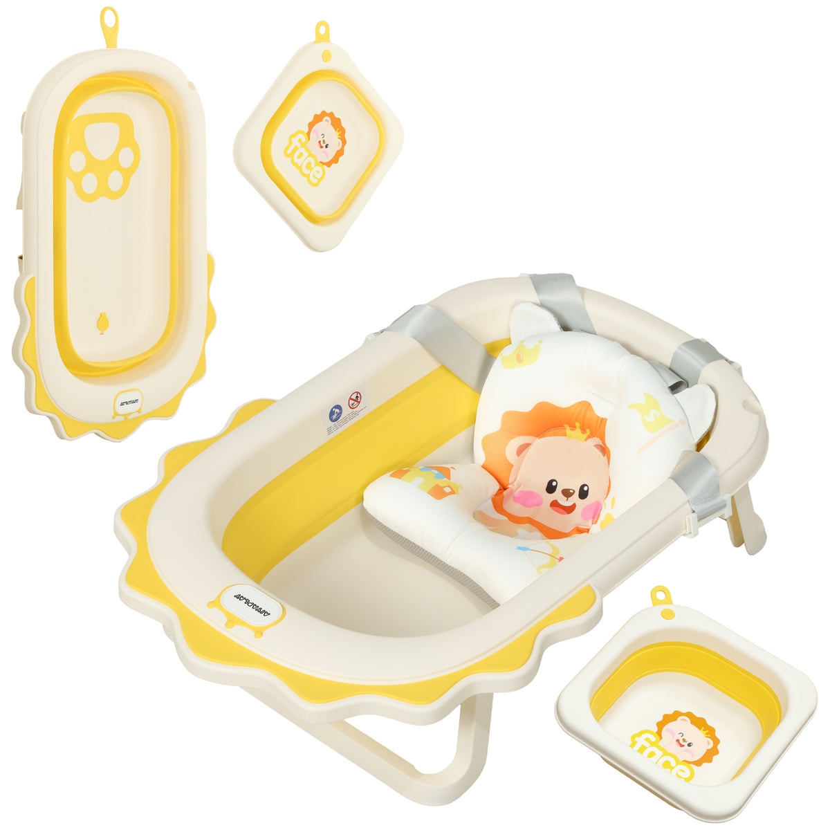 AIYAPLAY Foldable Baby Bath Tub Set with Bath Cushion, Wash Basin, Non-Slip Stand, Bottom, Yellow