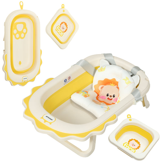 AIYAPLAY Foldable Baby Bath Tub Set with Bath Cushion, Wash Basin, Non-Slip Stand, Bottom, Yellow