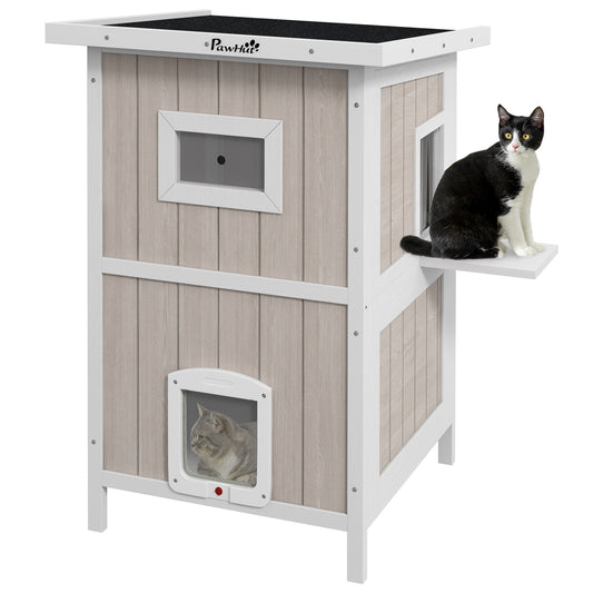 PawHut Outdoor 2 Tiers Wooden Cat Shelter w/ Removable Bottom, Escape Doors, Asphalt Roof, for 1-2 Cats - Light Grey