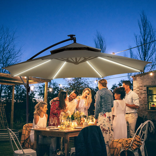 Outsunny 3(m) Cantilever Banana Parasol Hanging Umbrella with Double Roof, LED Solar lights, Crank, 8 Sturdy Ribs and Cross Base for Outdoor, Garden, Patio, Light Grey