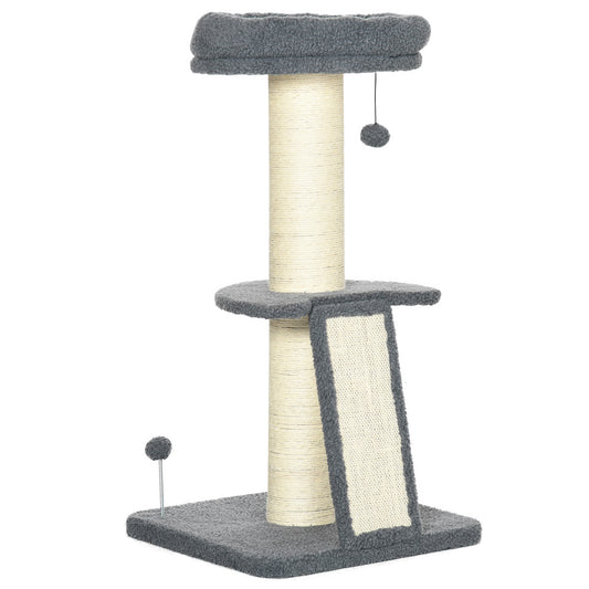 PawHut Cat Tree Tower with Scratching Posts, Pad, Bed, Toy Ball-Dark Grey