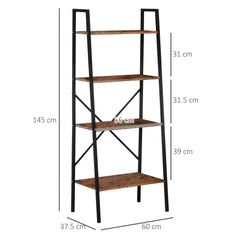 HOMCOM Bookcase 4-Tier Vintage Ladder Shelf with Wood Storage Rack, Stand Plants Display, Black and Brown