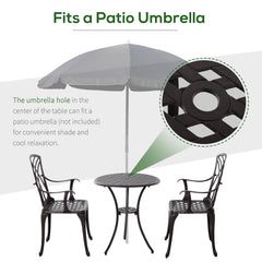 Outsunny 3 Pieces Garden Dining Set for 2, Cast Aluminium Outdoor Dining Set with 2 Armchairs and Round Dining Table with Parasol Hole, Garden Furniture Set, Brown