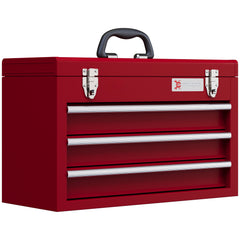 DURHAND Lockable Metal Tool Box, 3 Drawer Tool Chest with Latches, Handle, Ball Bearing Runners, Red