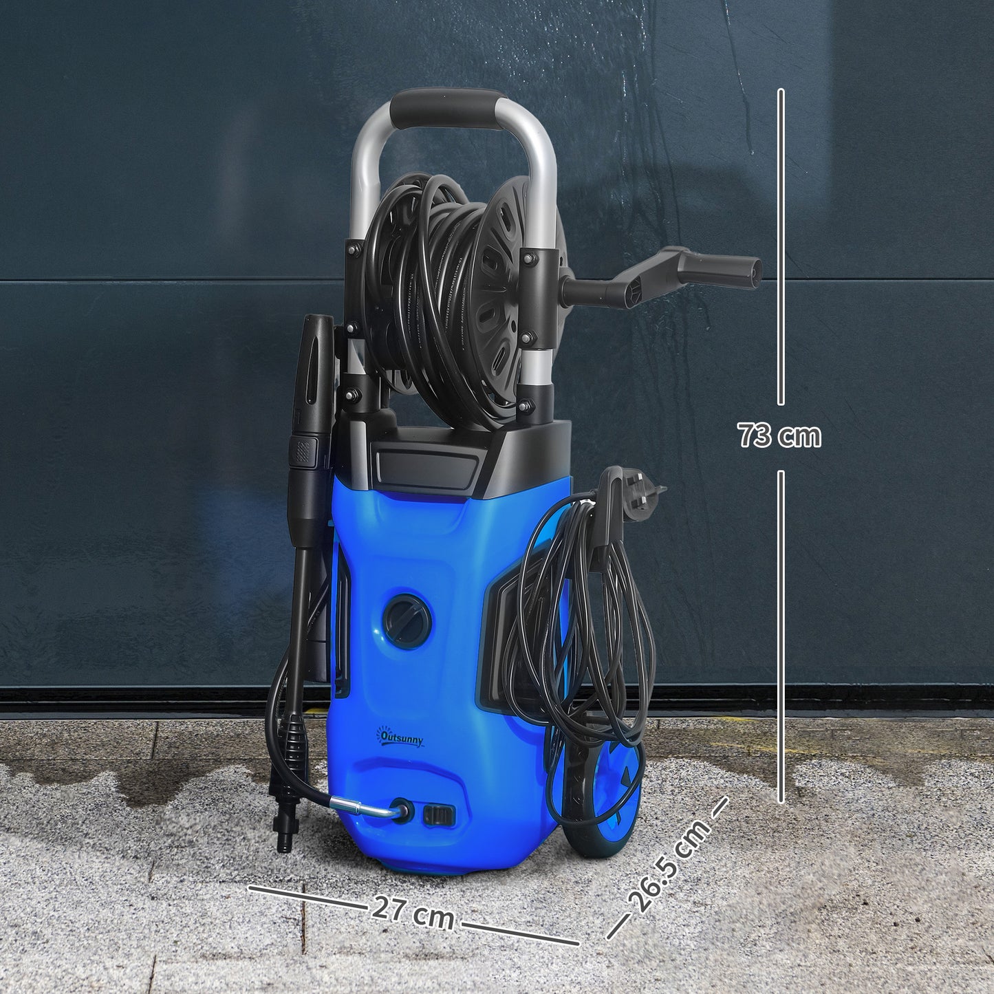 Outsunny 1800W High√Ç Pressure√Ç Washer, 150 Bar Pressure, 420 L/h Flow, Portable Power Washer Jet Wash Cleaner with Adjustable Nozzle, 6M Hose, Hose Reel, Steel Handle for Home Patio Car Driveway, Blue