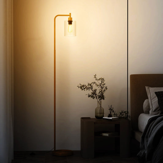 Industrial Floor Lamp with Hanging Glass Lampshade and Foot Switch-Golden