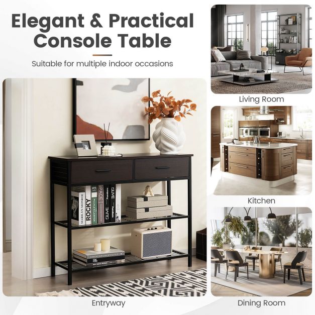 Entryway Console Table with 2 Drawers and 2-Tier Shelves-Brown
