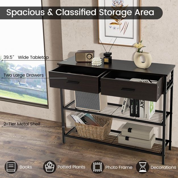 Entryway Console Table with 2 Drawers and 2-Tier Shelves-Brown