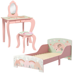 ZONEKIZ Toddler Bed Frame, Kids Dressing Table with Mirror and Stool, Cute Animal Design Kids Bedroom Furniture Set for Ages 3-6 Years, Pink