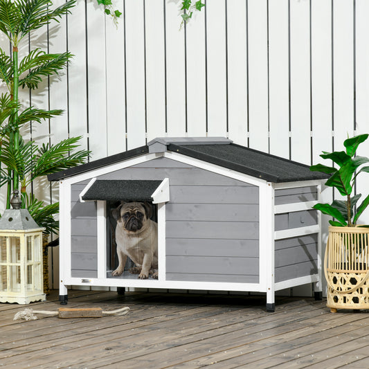 PawHut Wooden Dog Kennel for Outside, for Medium Dogs, 65H x 97L x 72Wcm, Grey