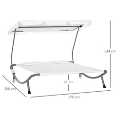 Outsunny Patio Double Hammock Sun Lounger Bed w/ Canopy Shelter, Wheels & 2 Pillows, White