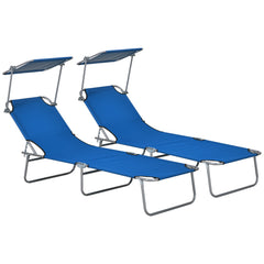 Outsunny Outdoor Foldable Sun Lounger Set of 2, 4 Level Adjustable Backrest Reclining Sun Lounger Chair with Angle Adjust Sun Shade Awning for Beach, Garden, Patio, Blue