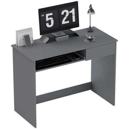 HOMCOM 100cm Compact Computer Desk with Keyboard Tray, Home Office Desk with Drawer for Bedroom Study, Grey