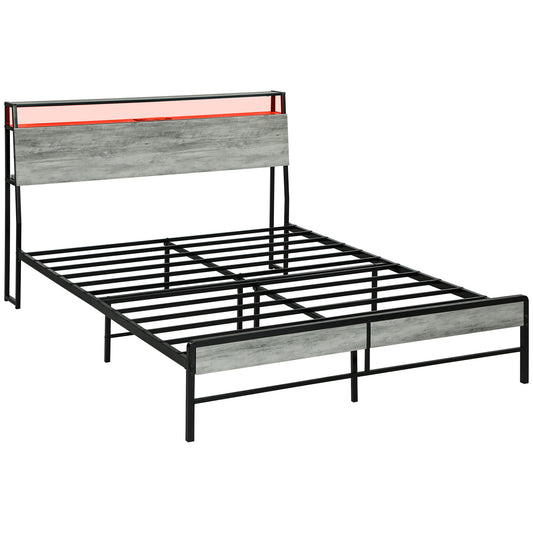 HOMCOM King Steel Bed Frame, with LED Lights and Headboard Shelf - Grey