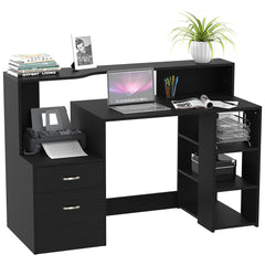 HOMCOM Computer Desk with Drawers and Storage Shelves, Reception Desk, Study Workstation for Home Office, 137 x 55 x 92cm, Black