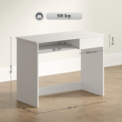 HOMCOM 100cm Compact Computer Desk with Keyboard Tray, Home Office Desk with Drawer for Bedroom Study, White