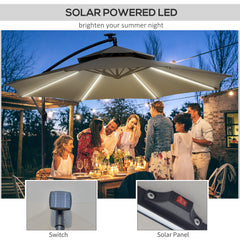 Outsunny 3(m) Cantilever Banana Parasol Hanging Umbrella with Double Roof, LED Solar lights, Crank, 8 Sturdy Ribs and Cross Base for Outdoor, Garden, Patio, Light Grey