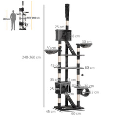 PawHut Floor-to-Ceiling Cat Tree for Indoor Cats, 240-260cm Adjustable Cat Tree - Dark Grey