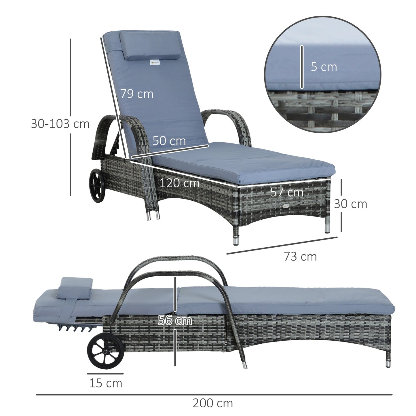 Outsunny Garden Rattan Furniture Single Sun Lounger Recliner Bed Reclining Chair Patio Outdoor Wicker Weave Adjustable Headrest with Fire Retardant Cushion - Grey