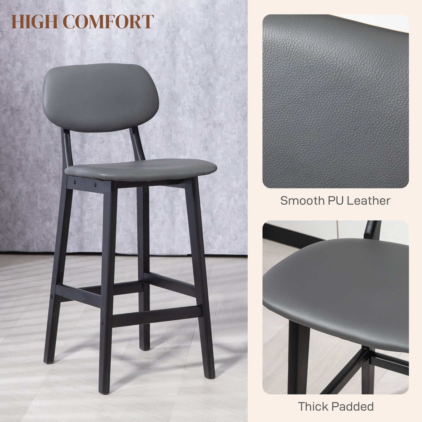 HOMCOM Bar Stools Set of 2, Contemporary Breakfast Bar Chairs, Faux Leather Upholstered Kitchen Stools with Backs and Solid Wood Legs, Dark Grey