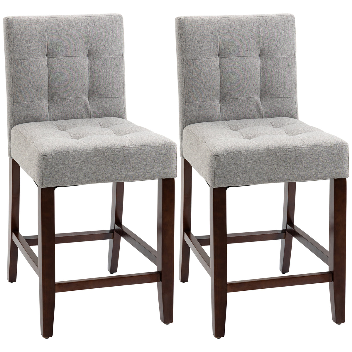 HOMCOM Modern Fabric Bar Stools Set of 2, Thick Padding Kitchen Stool, Bar Chairs with Tufted Back, Wood Legs, Grey