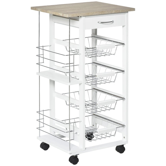 HOMCOM Rolling Kitchen Cart, Utility Storage Cart with 4 Basket Drawers & Side Racks, Wheels for Dining Room, Natural and White