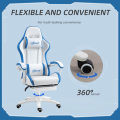 Vinsetto Computer Gaming Chair, PU Leather Desk Chair with Footrest, Swivel Task Chair with 135√Ç¬∞ Reclining Back and Lumbar Support, PC Chair for Adults, White and Blue