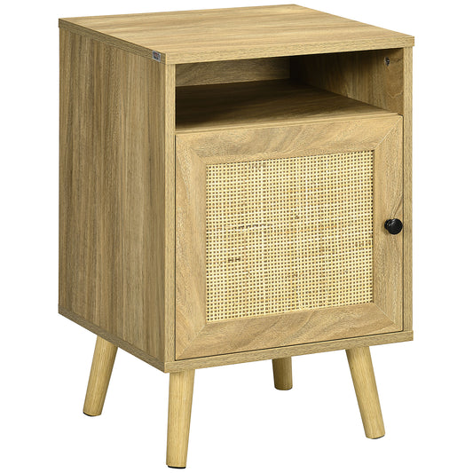 HOMCOM Bedside Table with Rattan Element, Side End Table with Shelf and Cupboard, 39cmx35cmx60cm, Natural