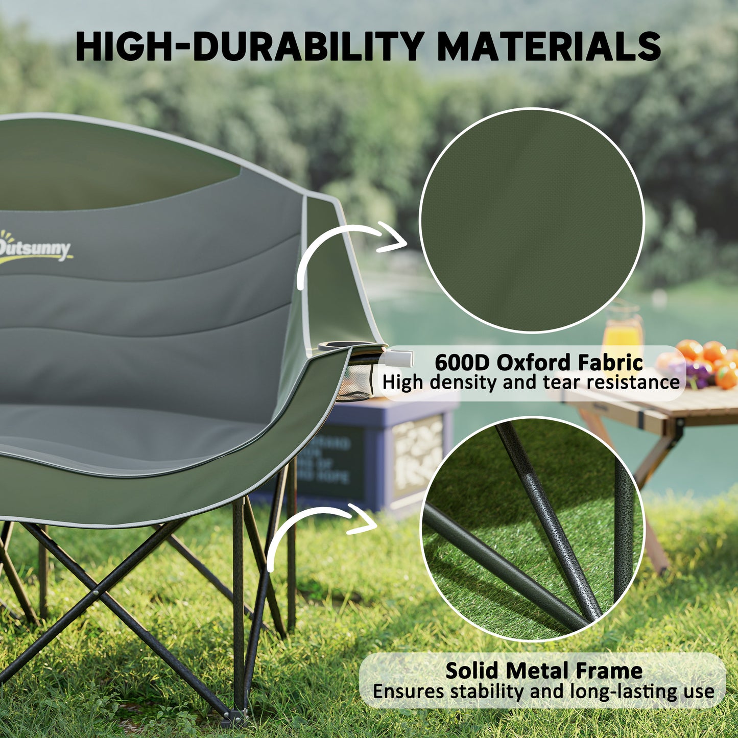 Outsunny Double Camping Chair for Adults, Oversized Heavy Duty Padded Folding Chair with Armrests, Cup Holders and Carry Bag for Outdoor Camping Hiking Picnic Fishing, 250kg Capacity, Green
