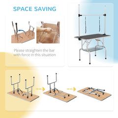 PawHut 42" Dog Grooming Table, Adjustable Pet Cat Drying Beauty Table with 2 Loops Storage Basket, Rubber Top, Black