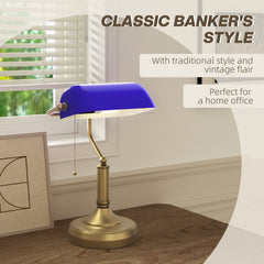 HOMCOM Banker's Desk Lamp with Antique Bronze Tone Base, Table Lamp with Blue Glass Shade for Home Office, Blue