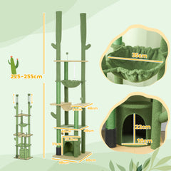 PawHut 225-255cm Adjustable Floor to Ceiling Cat Tree, Tall Cat Tower for Indoor Cats w/ Scratching Posts, Green