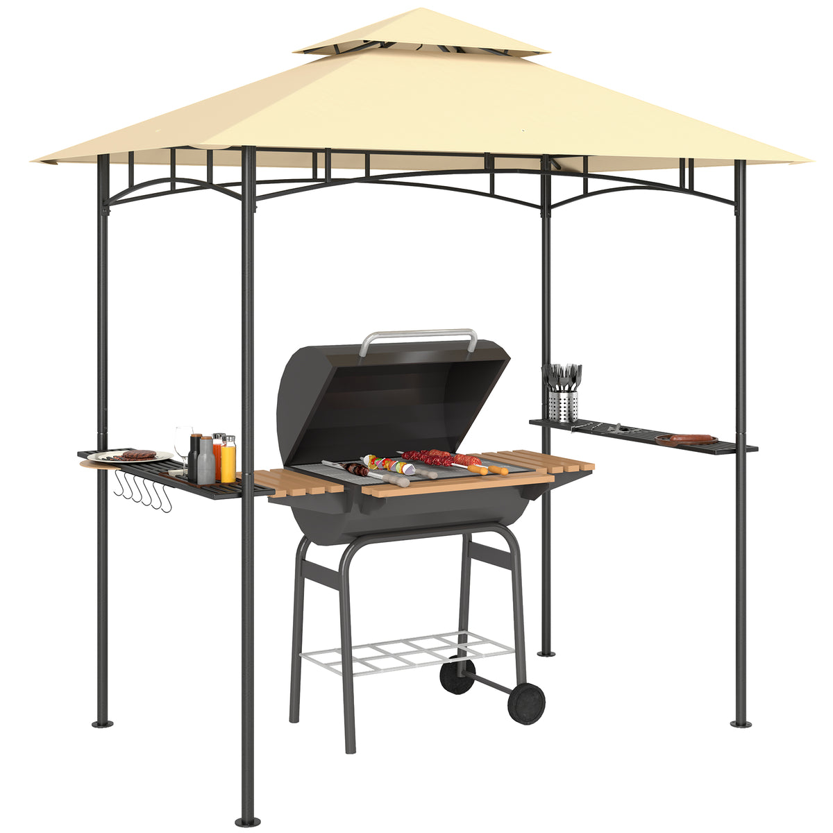 Outsunny 8' x 5' Grill Gazebo, Double Tiered BBQ Gazebo Shelter Canopy with LED Lights, 2 Side Shelves, Hooks, Beige