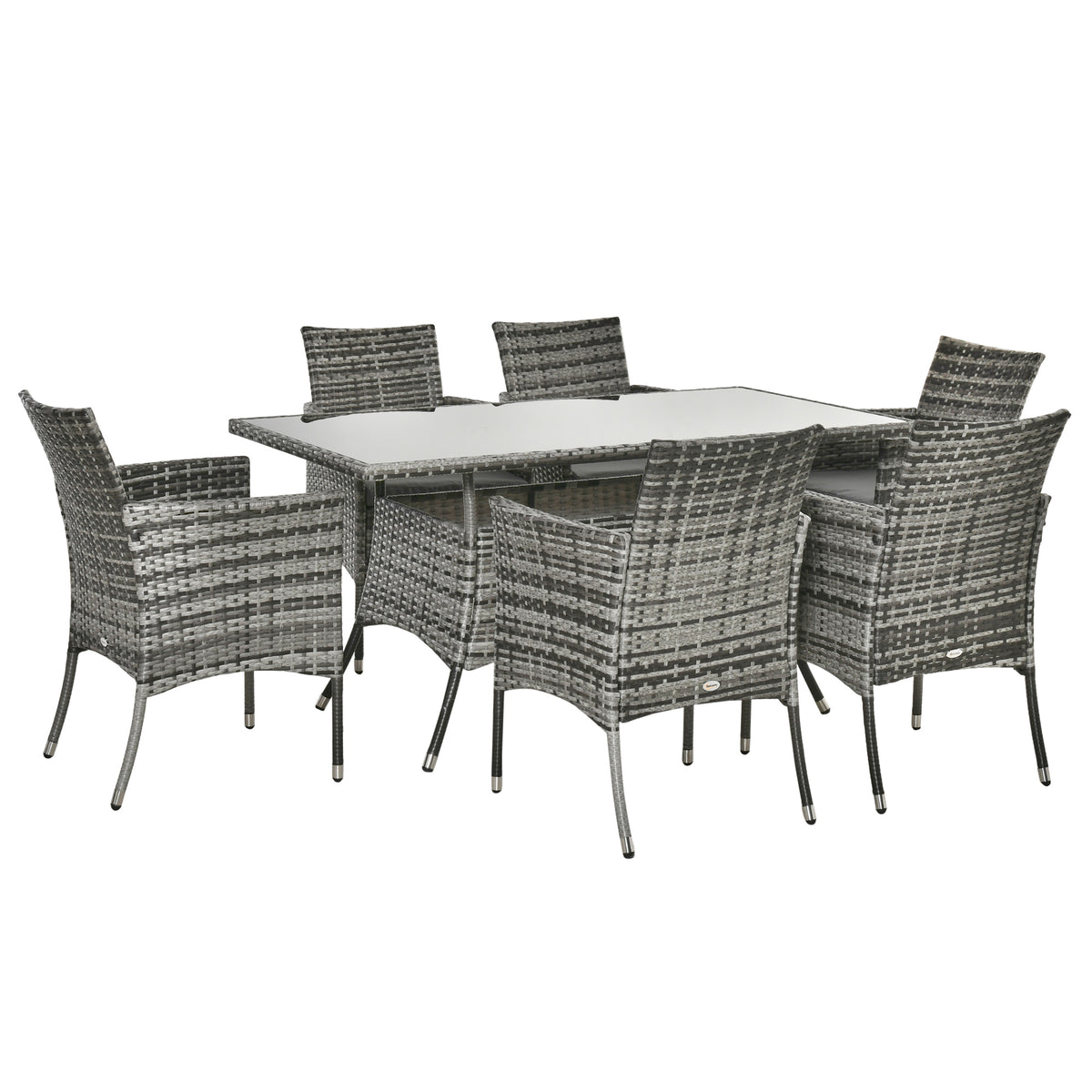 Outsunny 7-Piece Rattan Garden Furniture Set with Cushions, 6 Seater Garden Table and Chairs, Rattan Dining Set with 6 Armchairs, Rectangular Glass Top Table, Grey