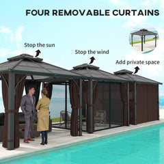 Outsunny 3 x 3(m) Hardtop Gazebo Canopy with 7mm Double Polycarbonate Roof, Garden Gazebo Permanent Pavilion with Mosquito Netting and Curtains for Patio, Deck, Brown