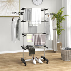 HOMCOM Four-Shelf Collapsing Clothes Horse, With Side Arms and Wheels - Black