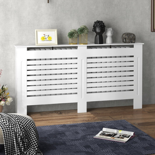 HOMCOM Radiator Cover, Modern MDF White Painted Cabinet with Horizontal Slats for Living Room, Bedroom, 152L x 19W x 81H cm