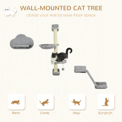 PawHut Three-Piece Wall-Mounted Cat Shelves, with Hammock, Ladder, Platforms, Scratching Post - Grey