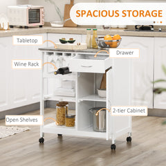 HOMCOM Compact Kitchen Trolley Utility Cart on Wheels with Wine Rack, Drawer, Open Shelf and Storage Cabinet for Dining Room, White