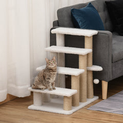 PawHut Pet Stair with 4-step Climb Ladder, Scratching Posts, Platforms, Toy Ball, for Indoor Elderly Cats Kittens, White