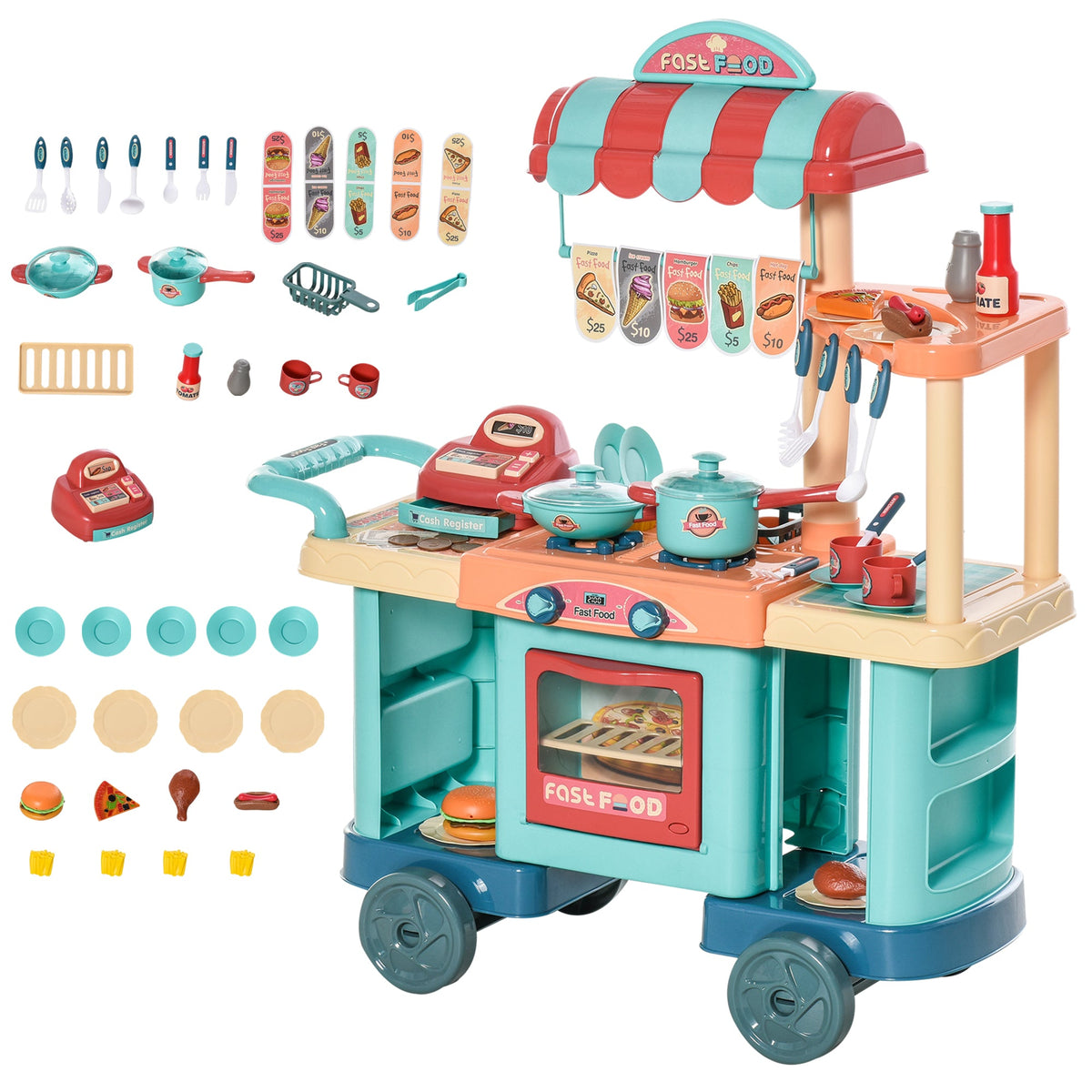 HOMCOM 50 Pcs Kids Kitchen Play set Fast Food Trolley Cart Pretend Playset Toys with Play Food Cashier Register Accessories Gift for Boys Girls Age 3-6