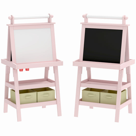 AIYAPLAY 3 in 1 Kids Easel Double-Sided Magnetic Whiteboard and Chalkboard with Paper Roll, Storage Baskets - Pink