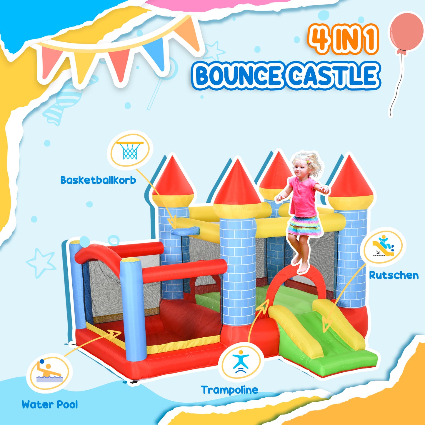 Outsunny Kids Bounce Castle Inflatable Trampoline Slide Pool Basket for Kids Age 3-10, 3 x 2.75 x 2.1m